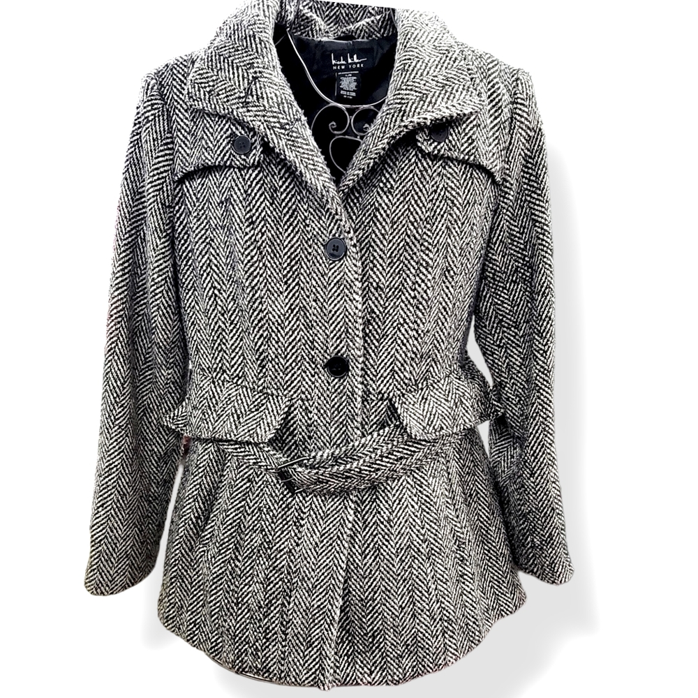 Nicole Miller Coat Womens Sz L Black Tan Herringbone Classic Chic Casual Winter